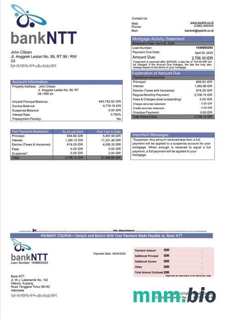 Indonezja Bank NTT wyciąg z kredytu hipotecznego szablon Word i PDF